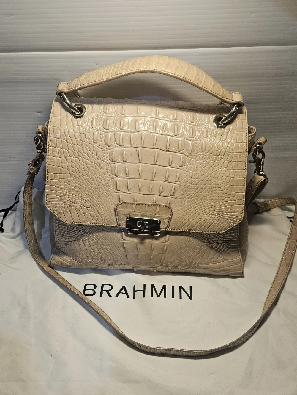Brahmin Brinley Silk Croc Embossed Leather Satchel Top Handle Crossbody Purse